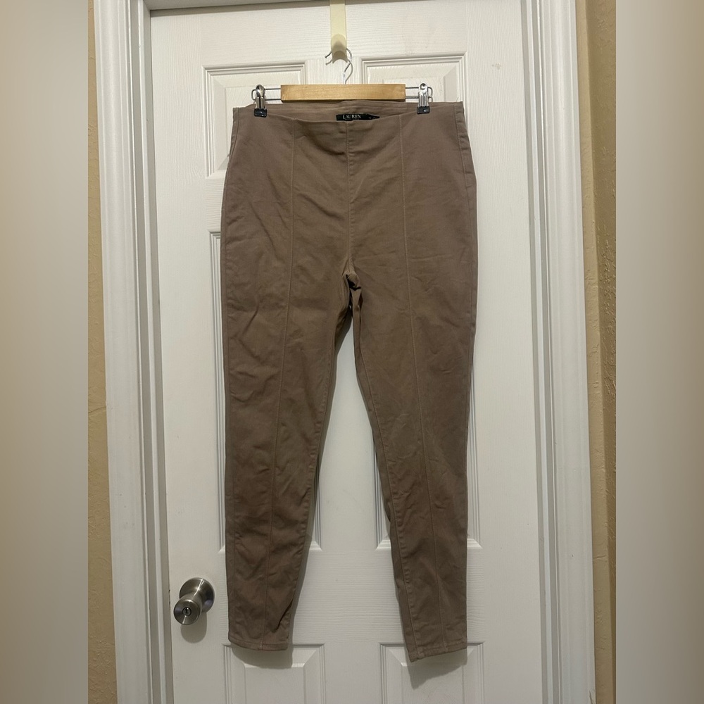 Ralph Lauren Pull On Pants Size 14 Stretch Cotton  Khaki Beige Straight Leg Slim